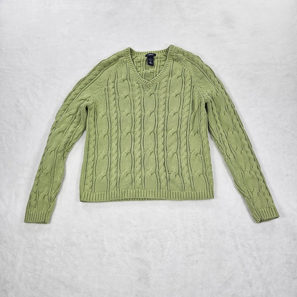 IZOD Womens Green Cable Knit V-Neck Cotton Sweater Small IZW-CC-101